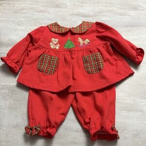 NWOT All Mine Christmas Baby 12 months 2 Piece Outfit Embroidered Tree Plaid Red
